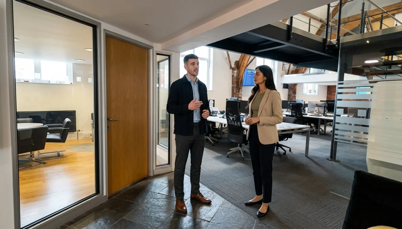 Two professionals discuss a remote IT issue while standing in a Cleartwo office corridor.