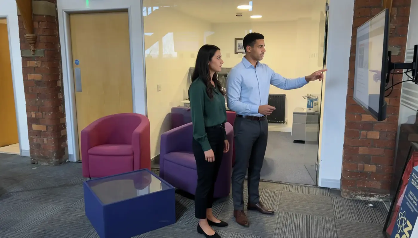 Zak and Sara having a natural mid-discussion moment in a UK office about hosting and domain setup.
