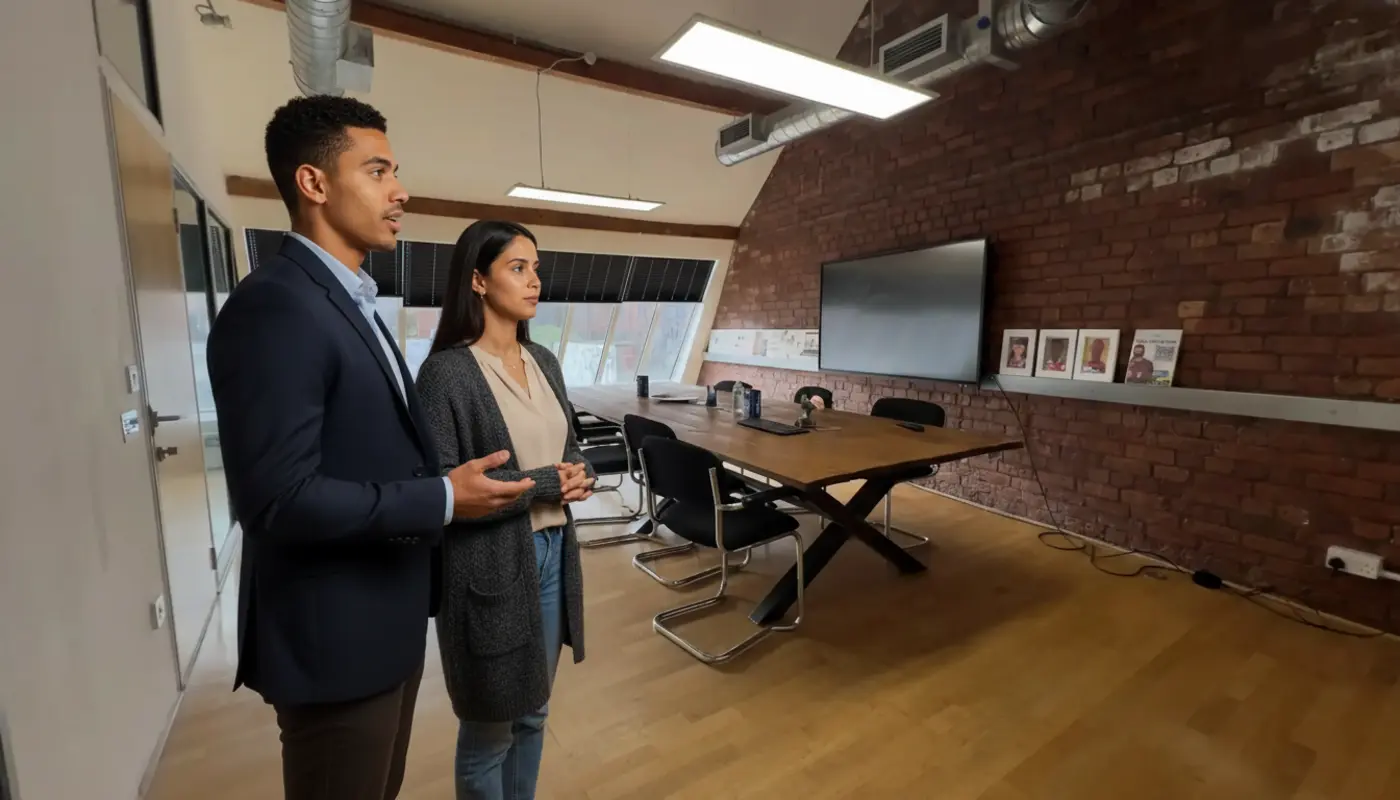 Zak and Sara discussing work inside a UK office, captured mid‑conversation.