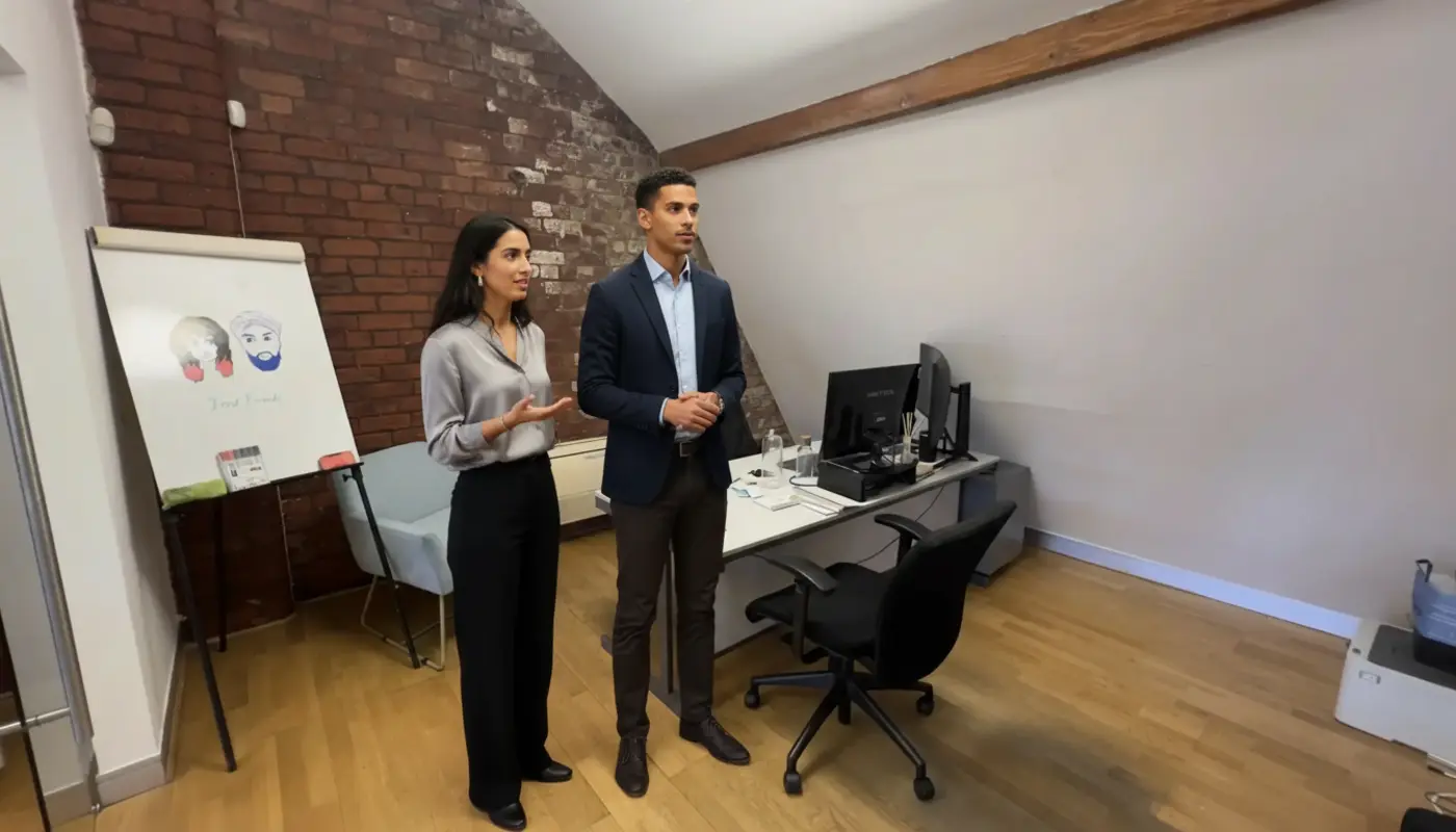 Zak and Sara collaborating in a UK creative workspace, discussing AI image generation tools.