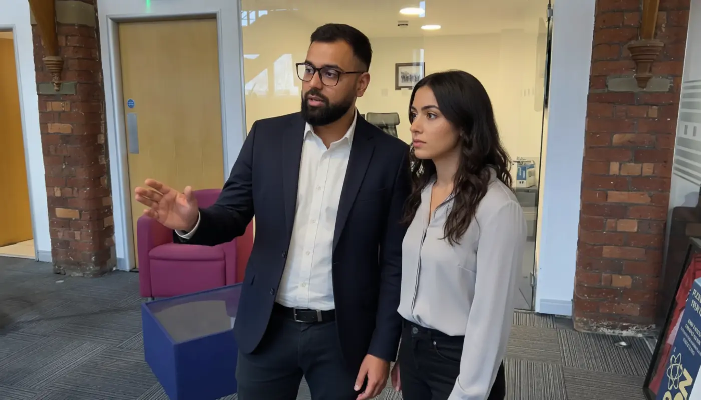 Omer and Sara discussing SEO strategy inside a UK office, captured mid‑conversation.