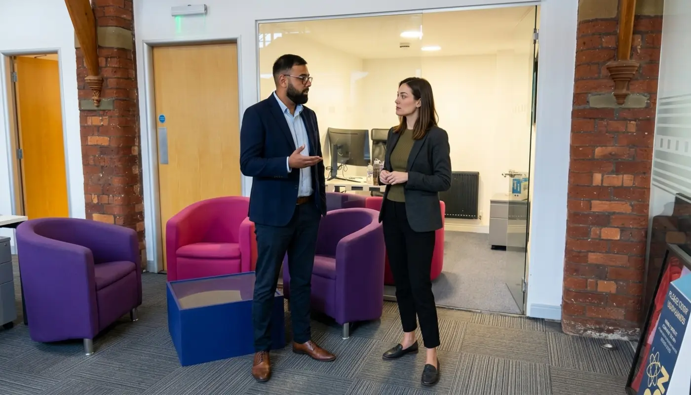 Two professionals discuss paid search strategy while standing in a Cleartwo office during a working meeting.