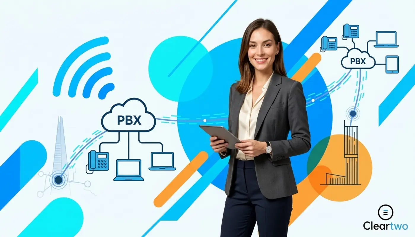 Jessica stands confidently against a bright geometric VoIP themed backdrop for a UK telecom blog.
