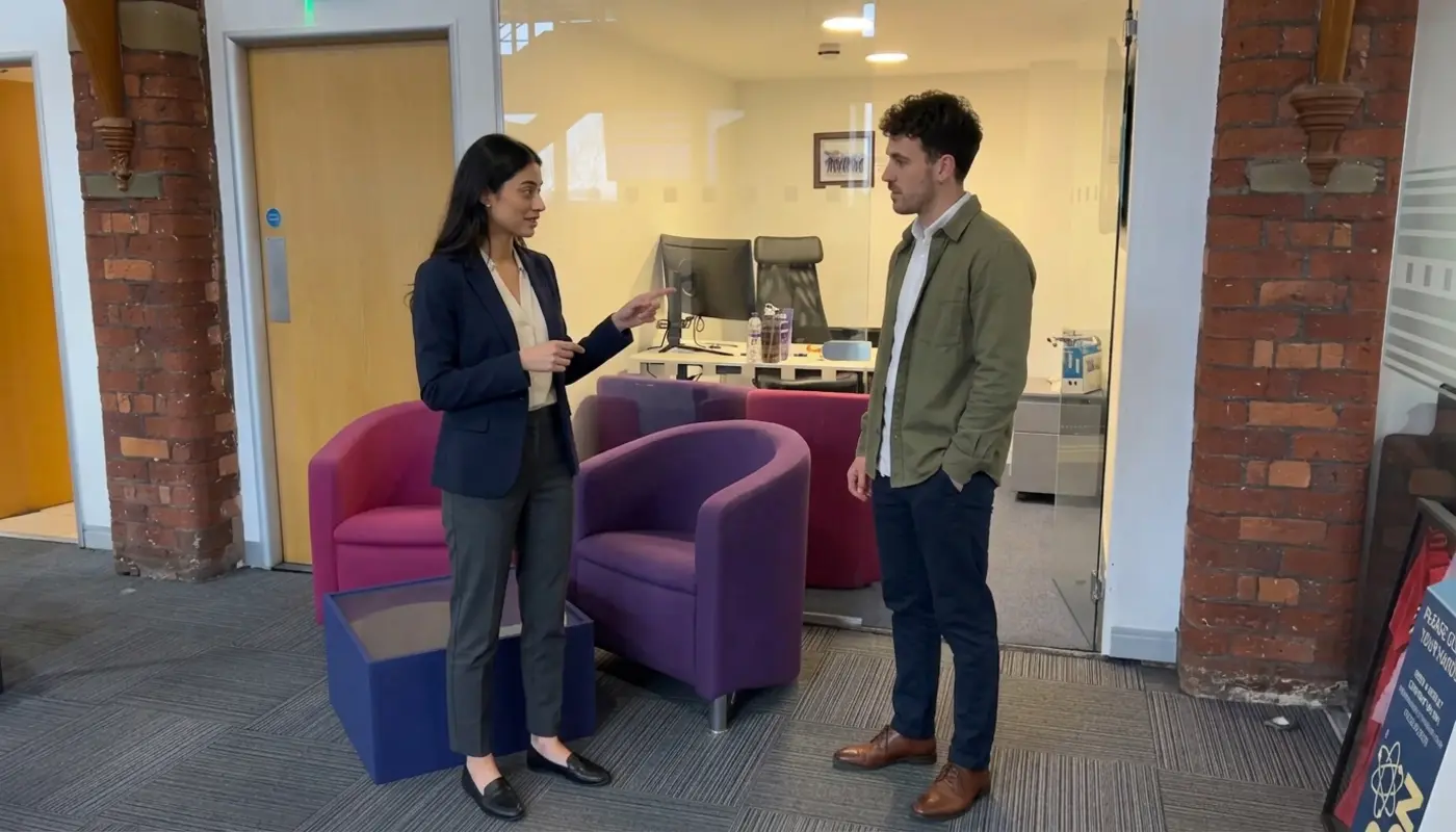Two colleagues discuss website planning in an office while reviewing launch steps without visible screens.
