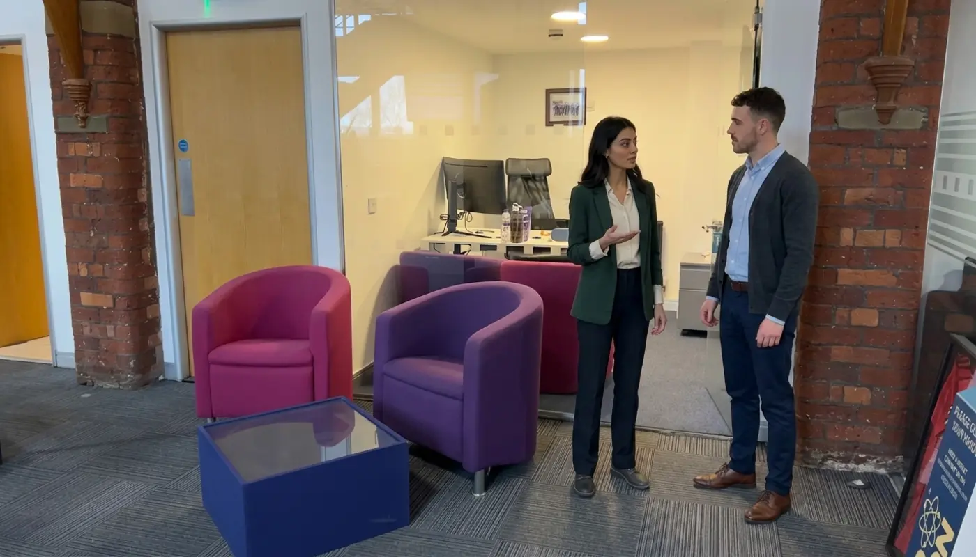 Two professionals discuss domain naming strategy in a UK office during a brand planning conversation.