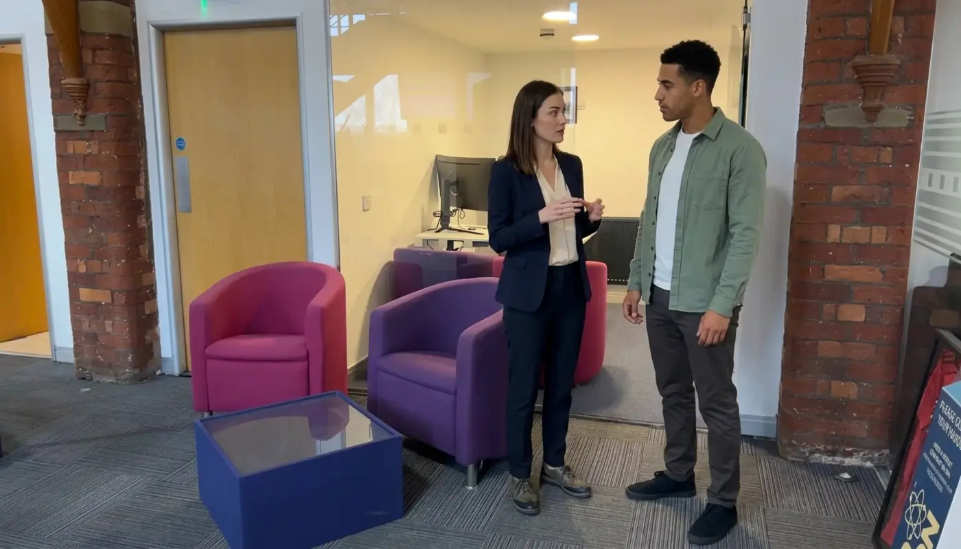 Two colleagues in an office discuss brand identity ideas while planning the first stage of a logo project.