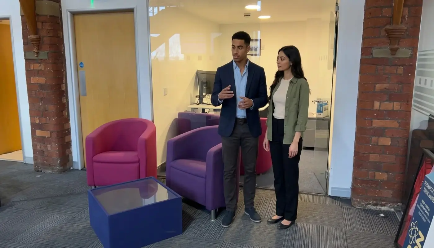 Two colleagues discuss AI workflow automation in a UK office while reviewing a shared work area.