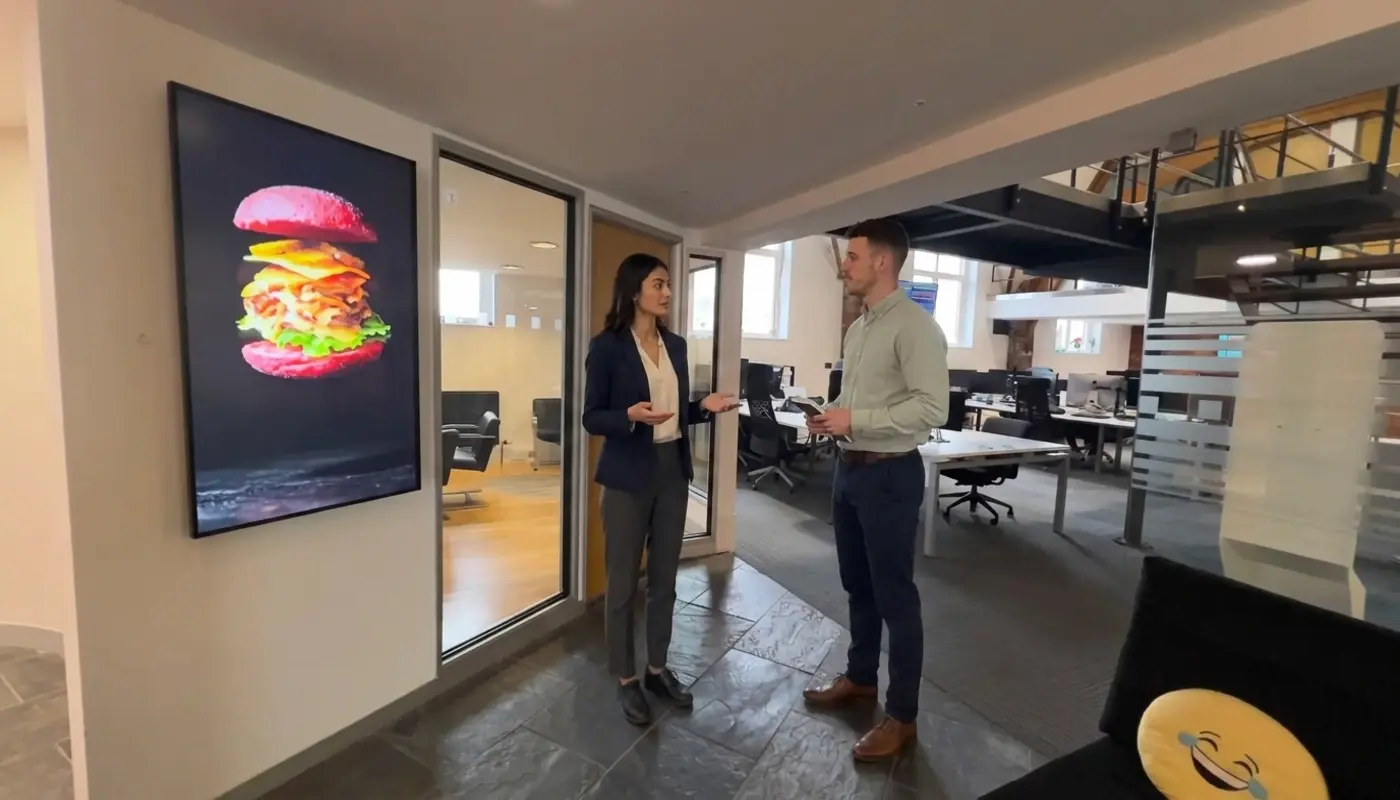 Two colleagues discuss website project scope in a UK office during a professional cost planning conversation.