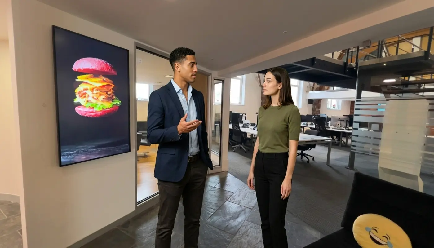 Two professionals discuss website project scope and pricing in a modern office corridor.