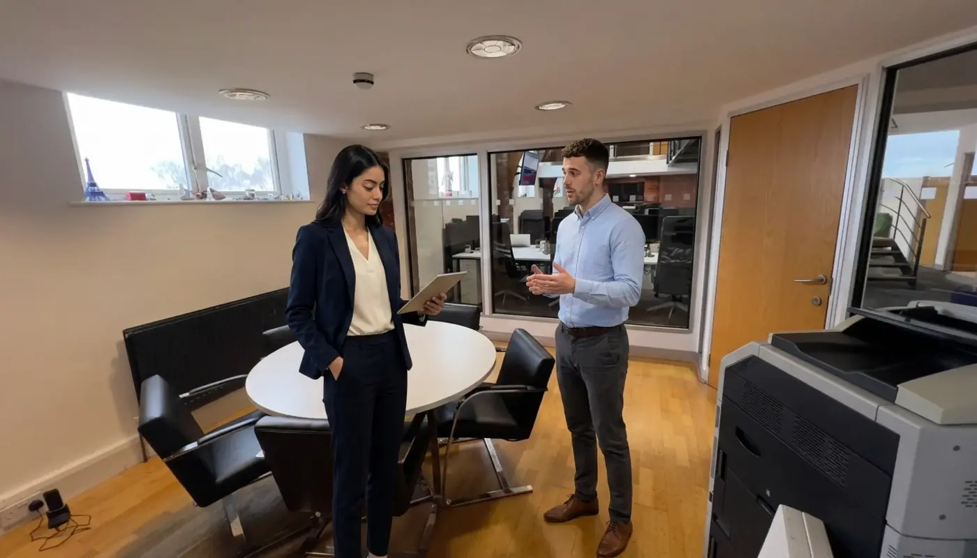 Two colleagues review Shopify selling costs on an unreadable tablet in a UK office.