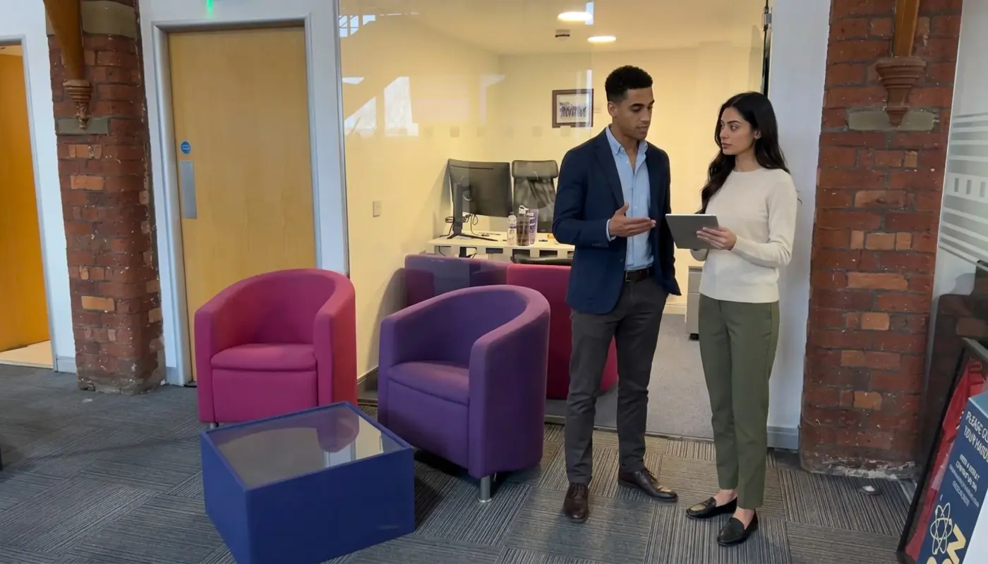 Two colleagues discuss Instagram ad budgeting on a tablet in a realistic office setting.