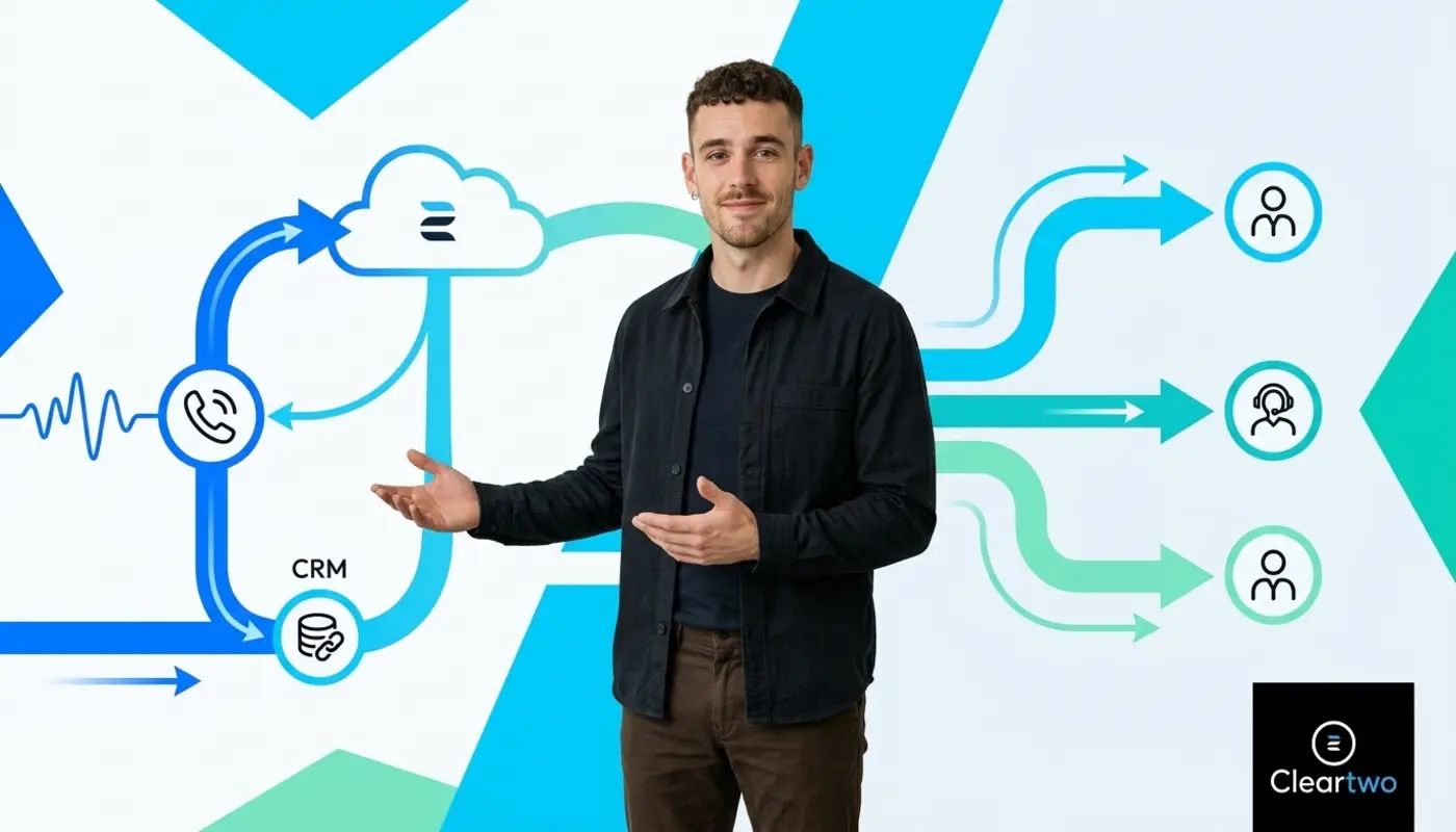 Adam stands before bold VoIP graphics showing faster, more efficient cloud business calling.