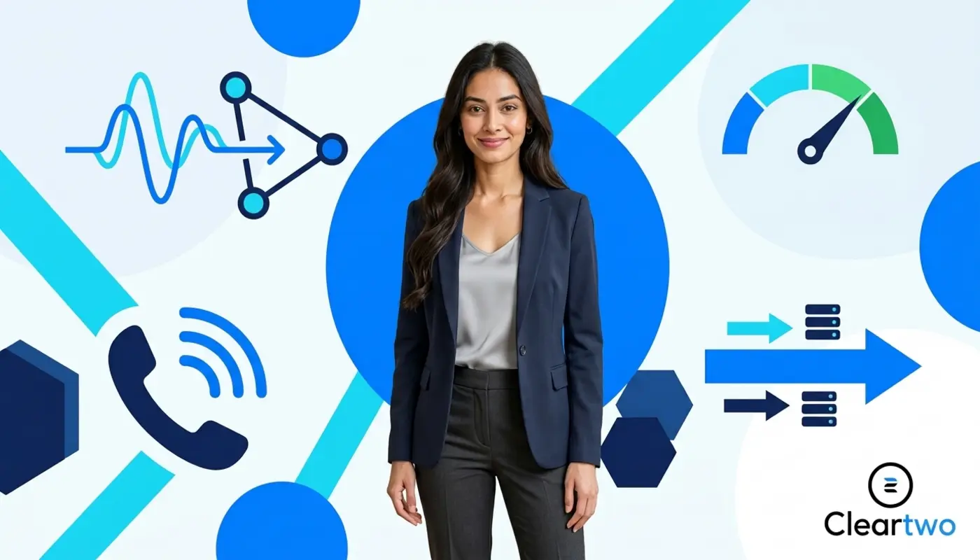 Sara stands before bright VoIP graphics showing clearer, more reliable workplace call quality.