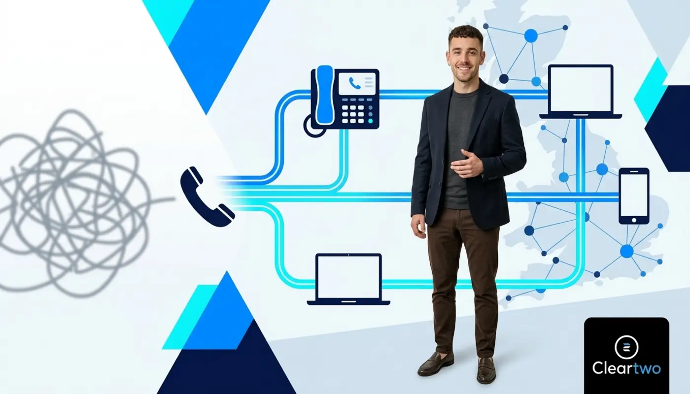 Adam stands before a bright VoIP graphic backdrop showing simpler connected business calling.