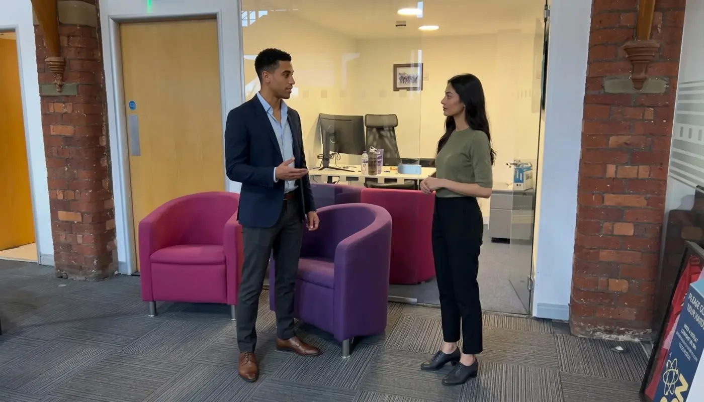 Two colleagues discuss Facebook Marketplace ad strategy while standing in a modern office workspace.