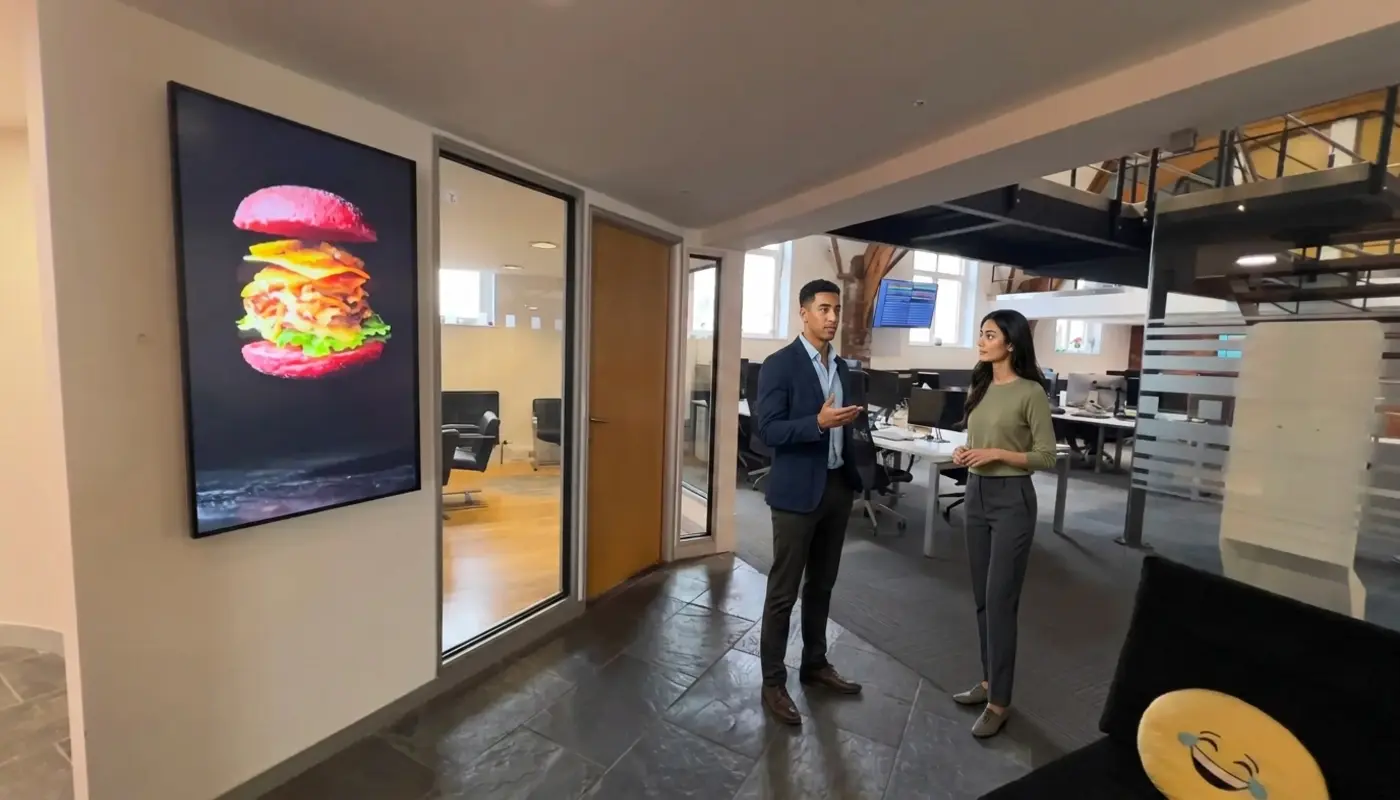 Two professionals discuss a social commerce strategy while standing in a modern office corridor.