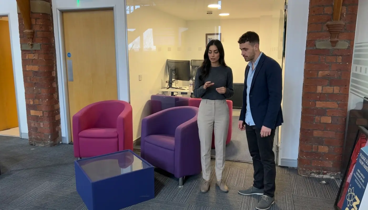 Two professionals discuss Shopify store planning in a modern office during an active collaborative work moment.