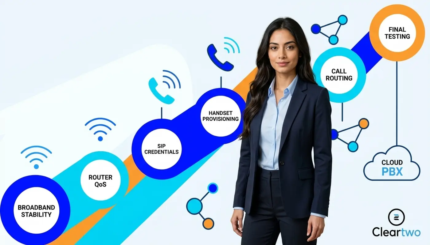 Sara stands beside a clear VoIP setup pathway for a UK business configuration guide.