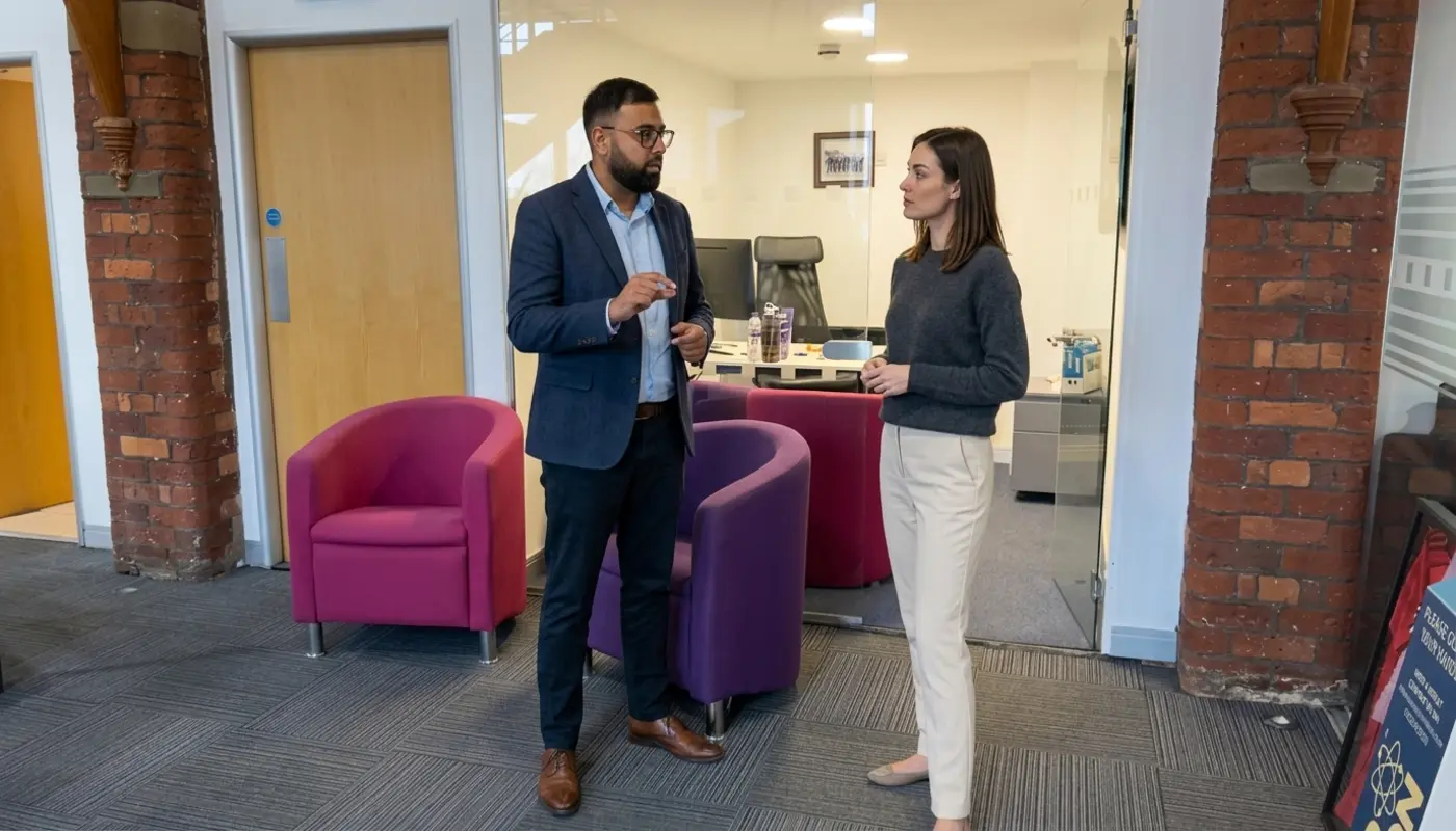 Two professionals discuss ecommerce SEO planning in a modern office during a collaborative working moment.