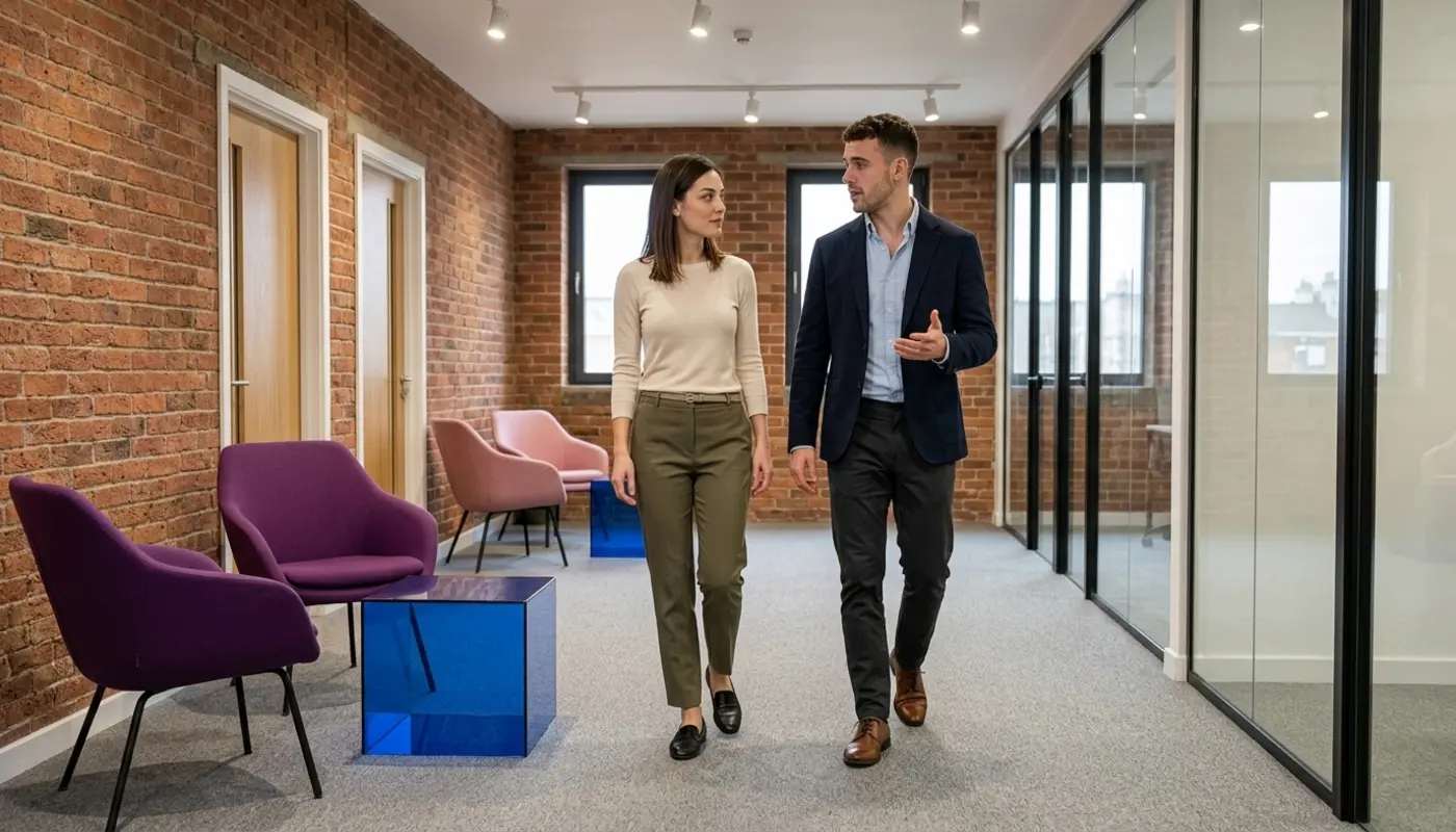 Two colleagues discuss digital marketing positioning while walking through an office.