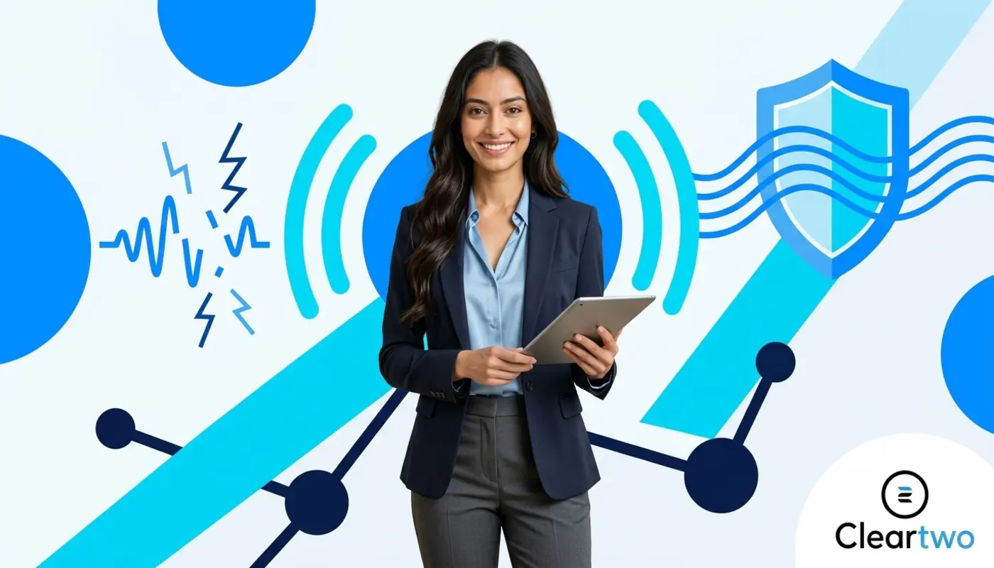Consultant presenting VoIP call quality improvements with bold network graphics.