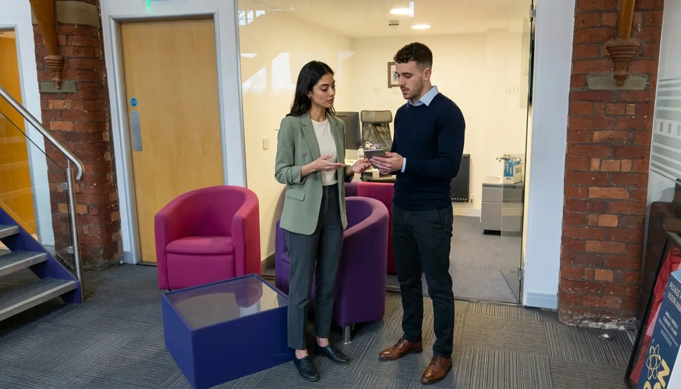 Two colleagues in an office review a phone while discussing a creator account exit process.