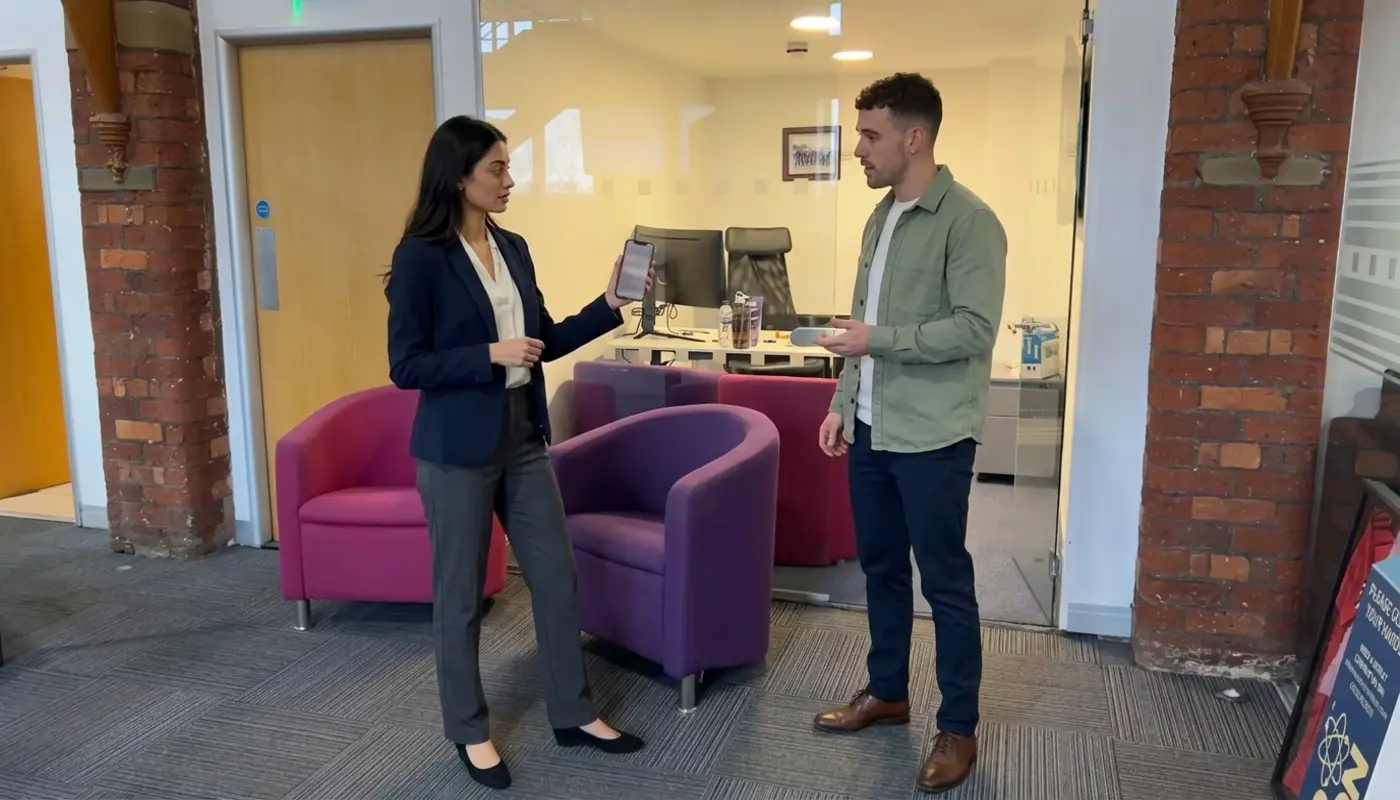 Two colleagues review a phone during a mobile website audit in a UK office.