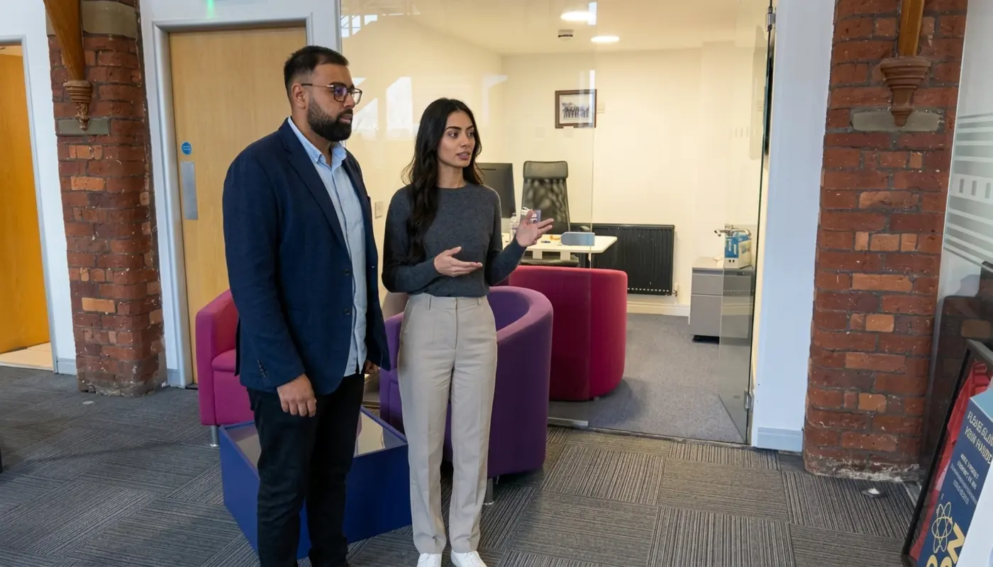 Two professionals discuss logo strategy in a modern office during a branding planning meeting.