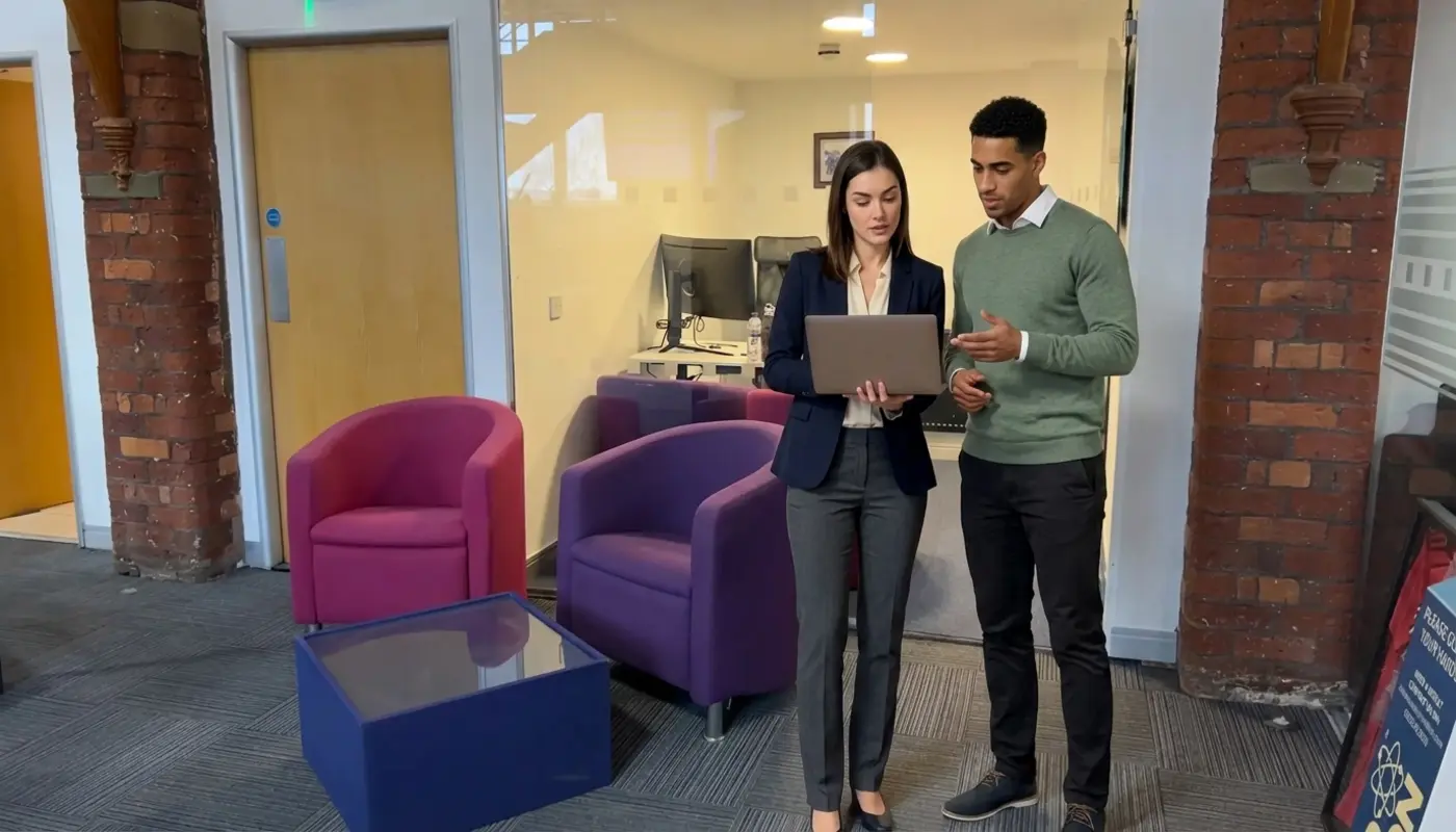 Two colleagues discuss a keyword review workflow in an office while looking at an angled laptop.