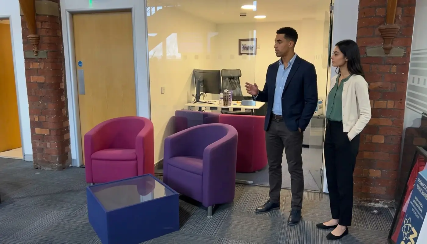 Two colleagues discuss customer follow-up processes in a UK office during a CRM planning conversation.