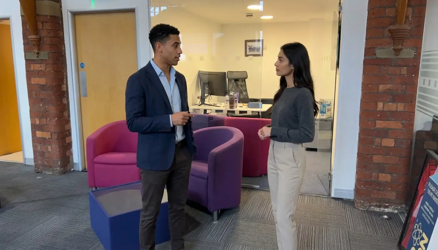 Two colleagues discuss keyword strategy in a modern office while reviewing content priorities during a work meeting.