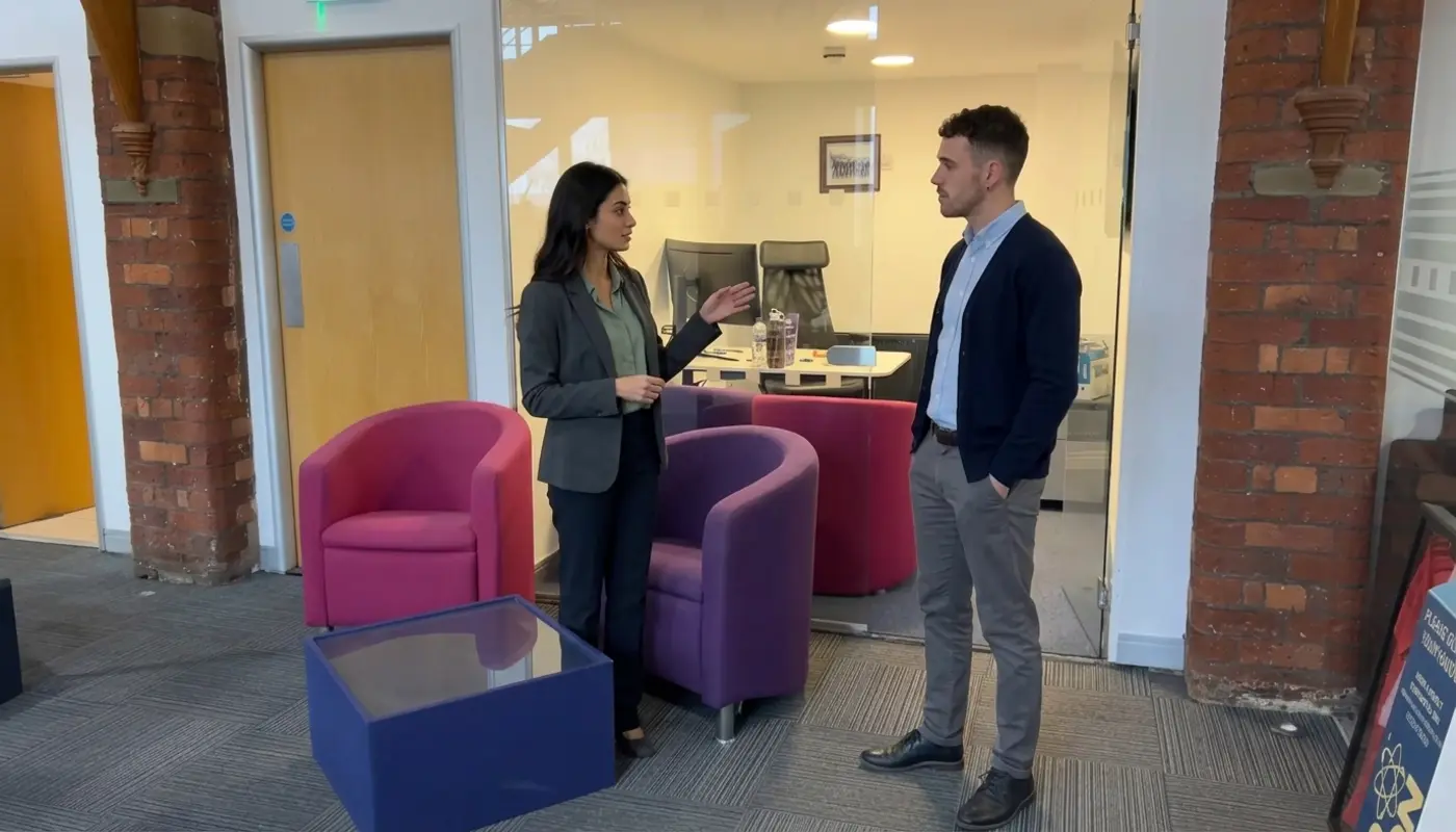 Two colleagues discuss CRM workflow in a UK office while reviewing how customer information moves through teams.