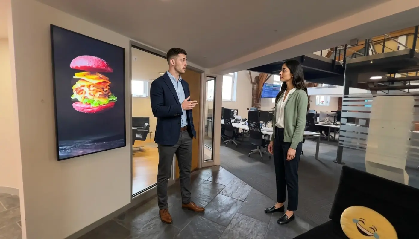Two colleagues discuss customer follow-up workflow while standing in a UK office.