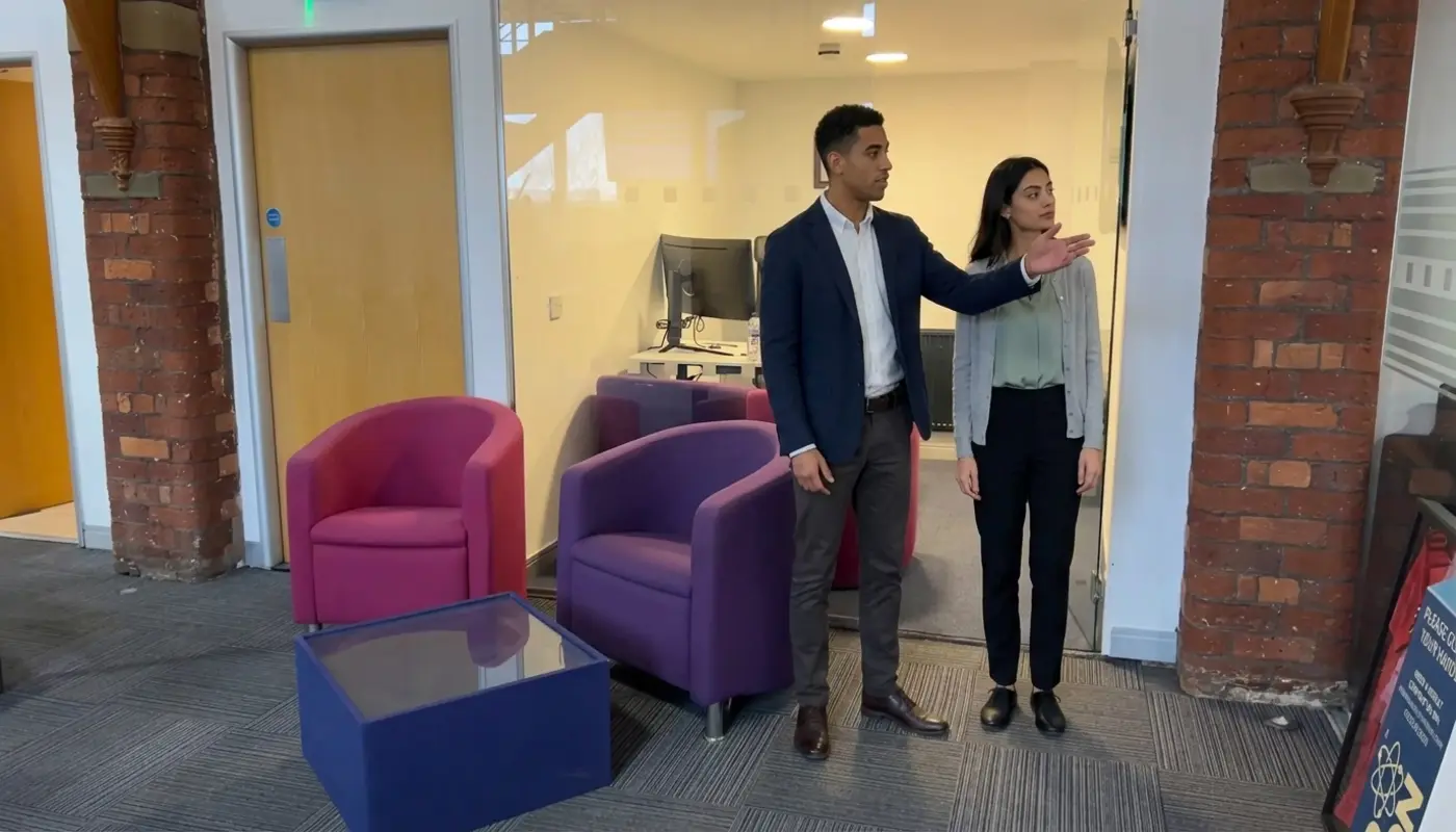 Two colleagues discuss a proposed digital signage position in a UK office.