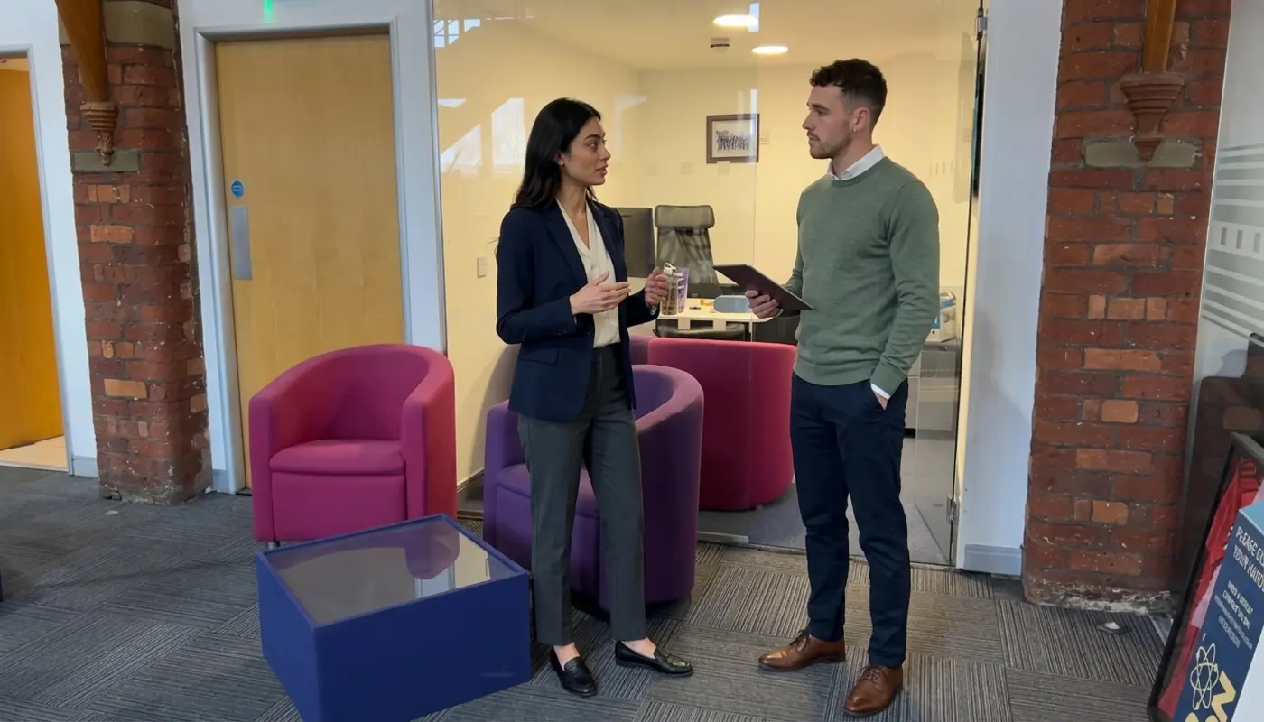 Two colleagues discuss website session behaviour in an office while reviewing an unreadable tablet.