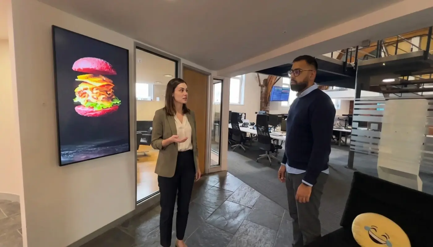 Two professionals discuss marketing strategy in a modern office while reviewing an SEO planning approach.