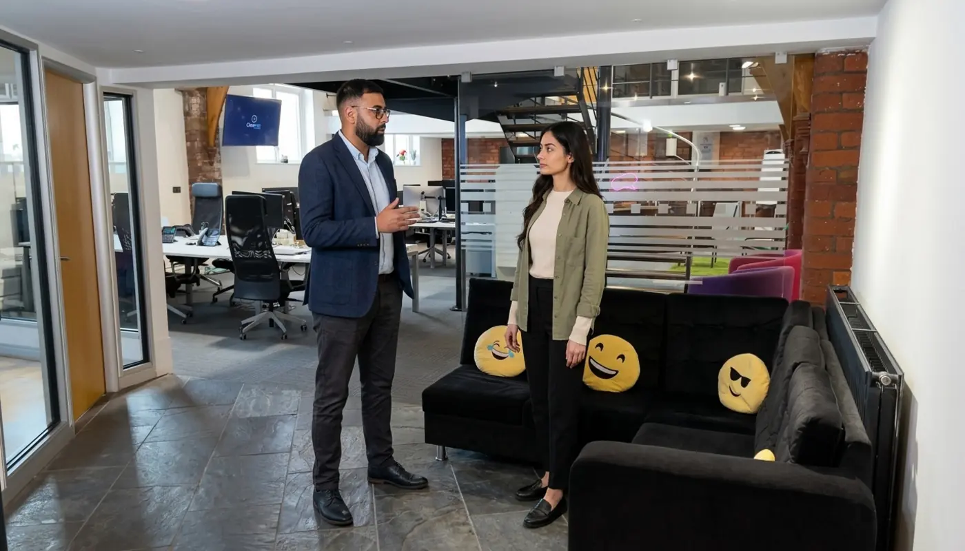Two colleagues discuss SEO page priorities in a UK office while standing apart in an open workspace.