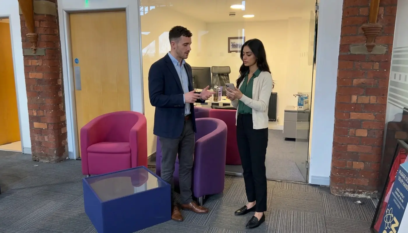 Two colleagues review a phone-based social media workflow in a UK office.