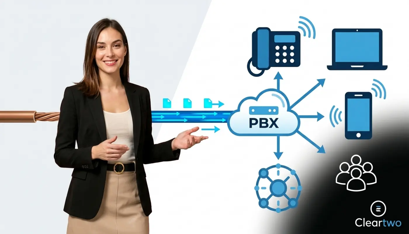 Jessica explains internet-based VoIP calling with cloud and device graphics behind her.