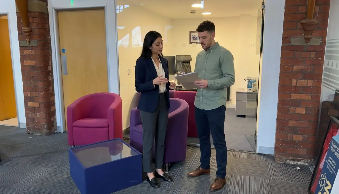 Two colleagues review unreadable audit notes together in a professional office setting.