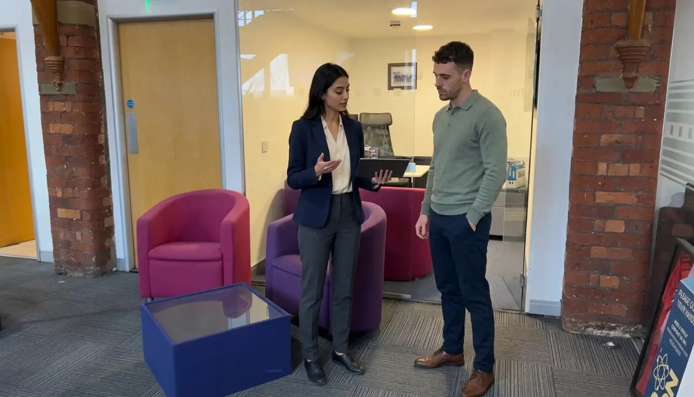 Two colleagues in a UK office review an ecommerce customer journey during an online sales planning discussion.