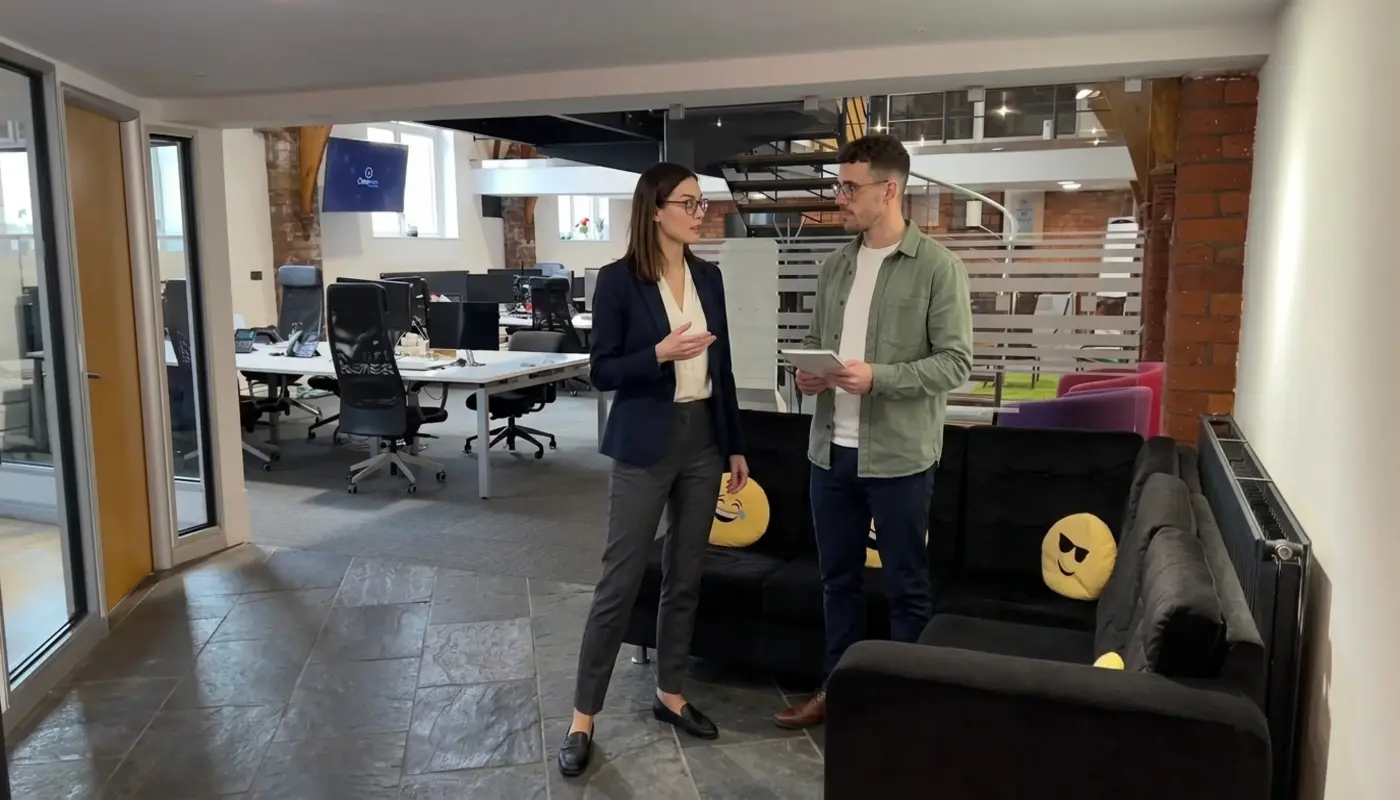Two colleagues discuss AI workflow choices in a UK office while reviewing which tasks create new outputs.