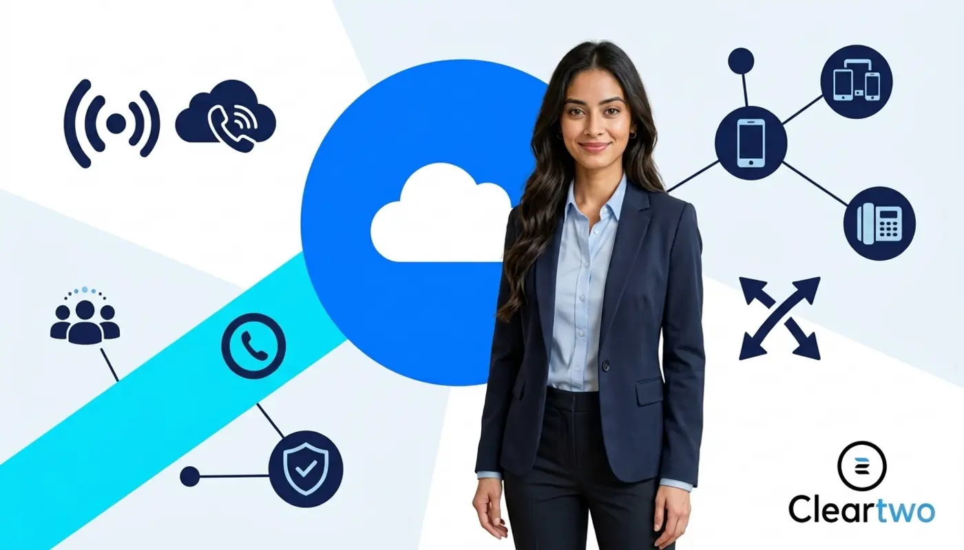 Consultant beside bold cloud phone graphics for small business VoIP choice.