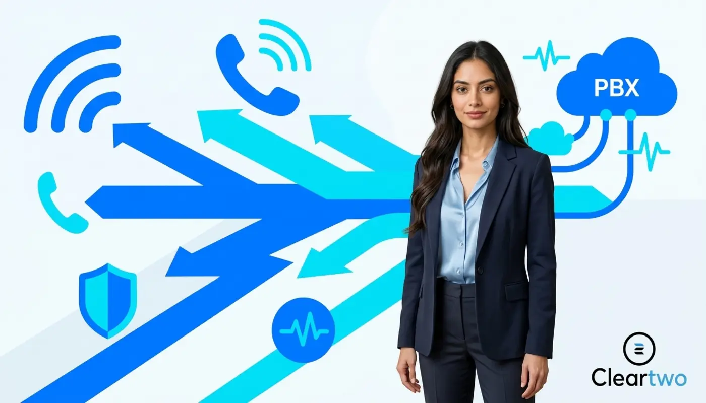 Sara stands before a bright VoIP provider selection graphic for UK SMEs.
