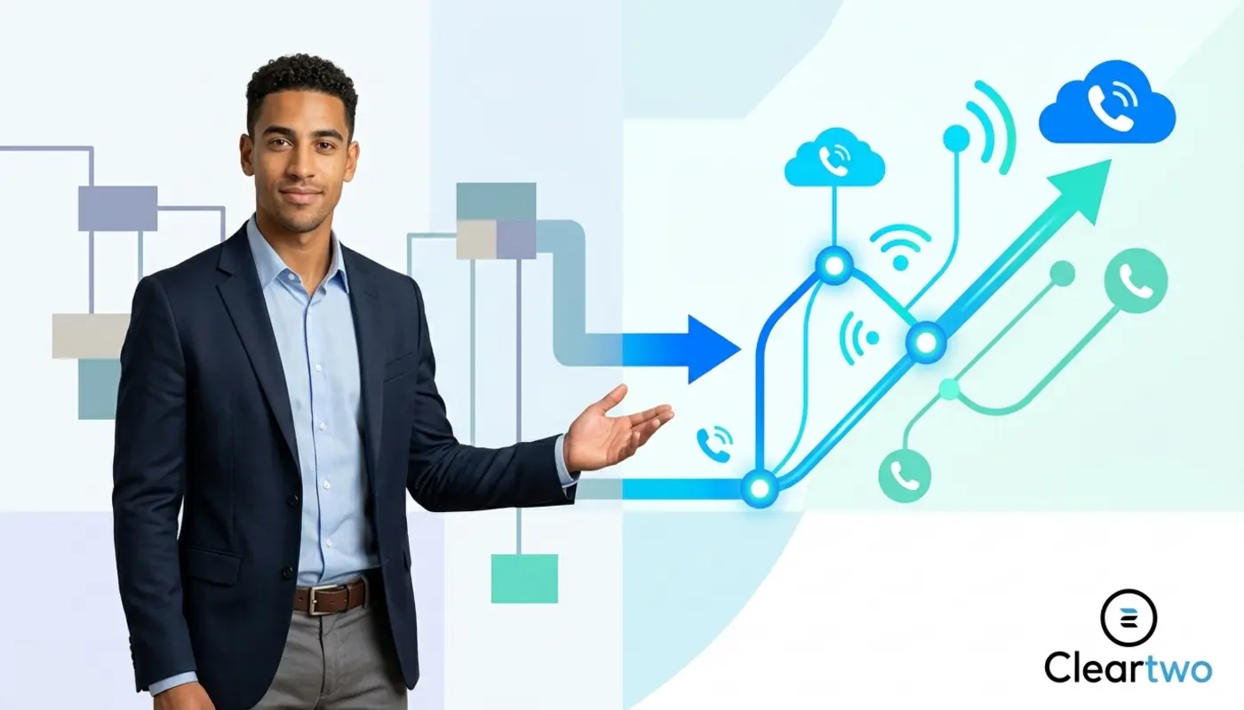 Zak stands against a bright VoIP-themed graphic backdrop symbolising the switch from landlines.