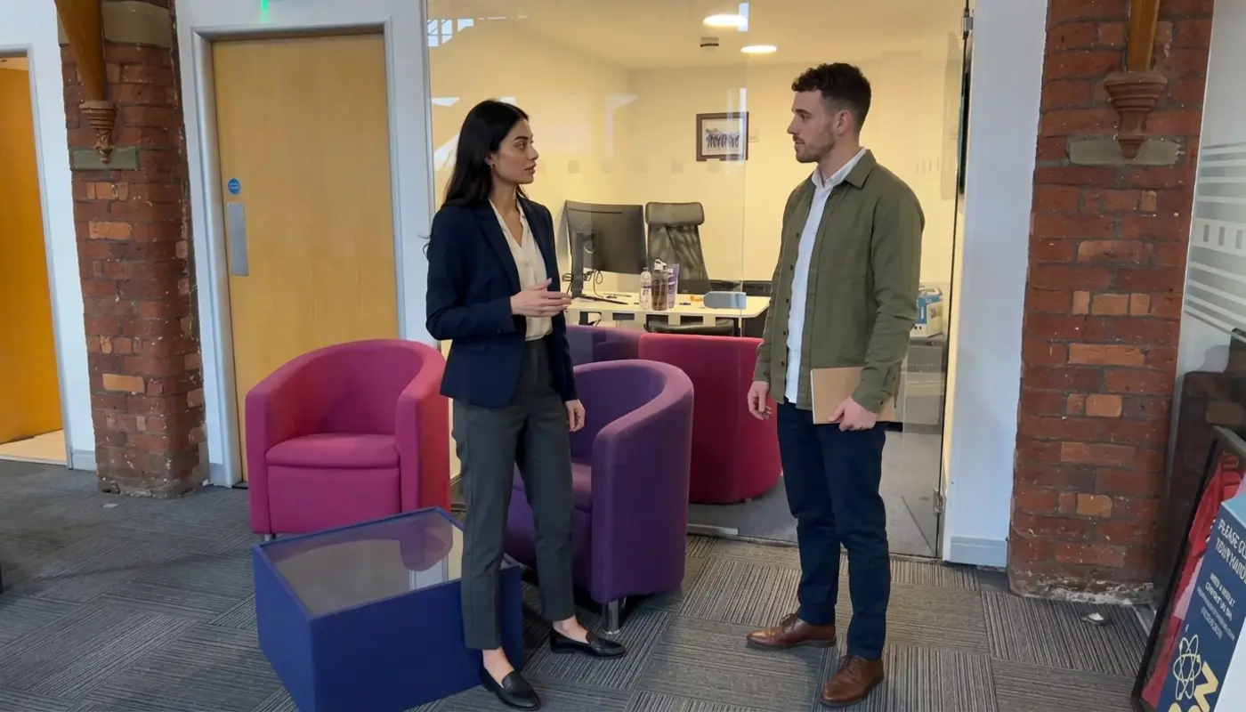 Two colleagues discuss B2B content planning in an office during a focused strategy conversation.