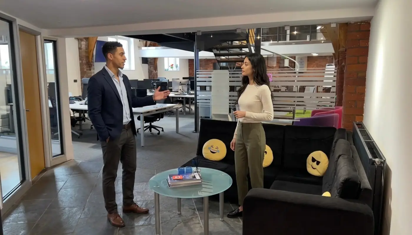 Two professionals walk through an office discussing a startup IT support setup.