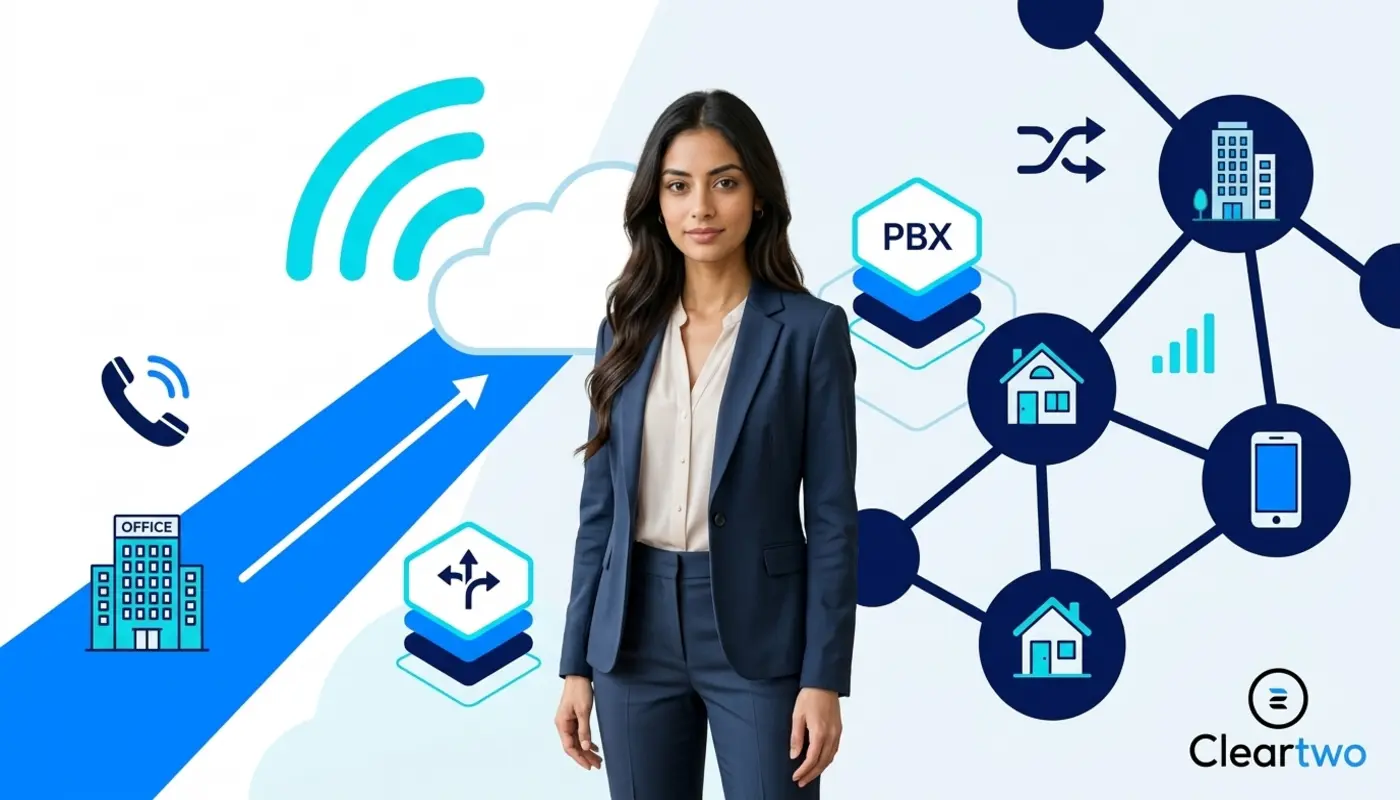 Sara stands before bright VoIP graphics showing clearer calls and cloud migration.