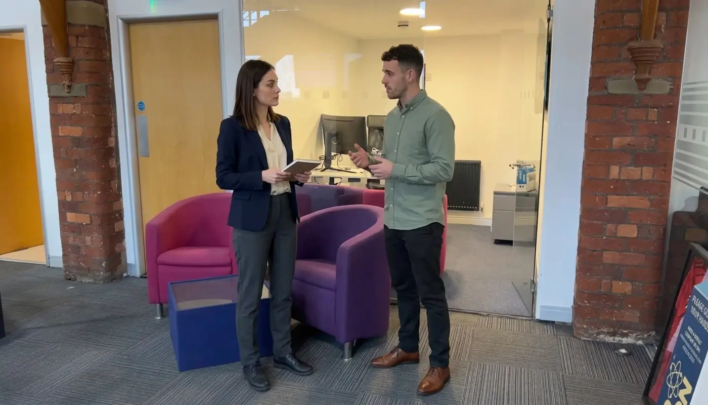 Two colleagues discuss CRM workflow notes in a UK office during a focused planning session.