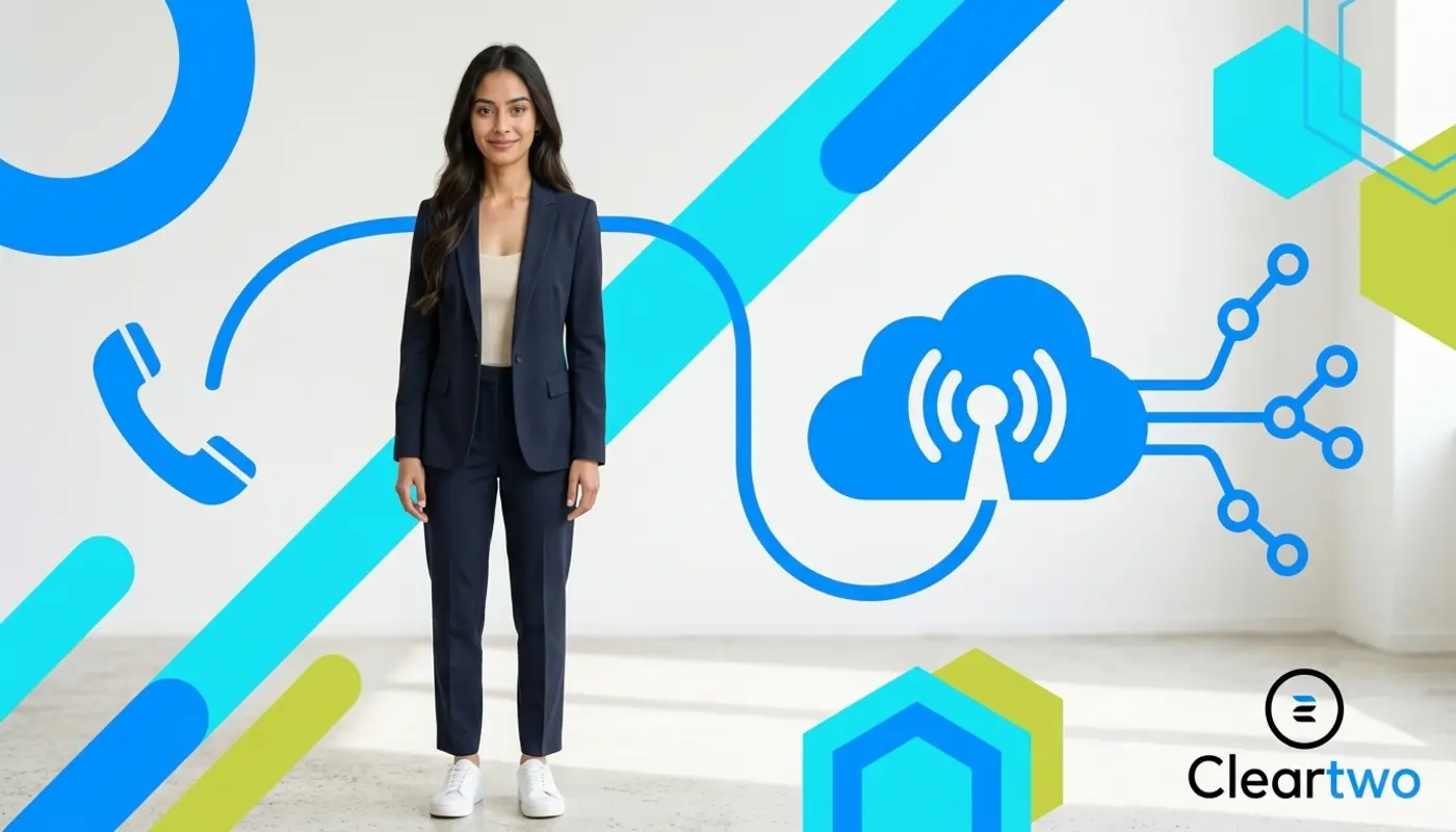 Sara standing beside a bright VoIP number porting graphic for UK business landlines.